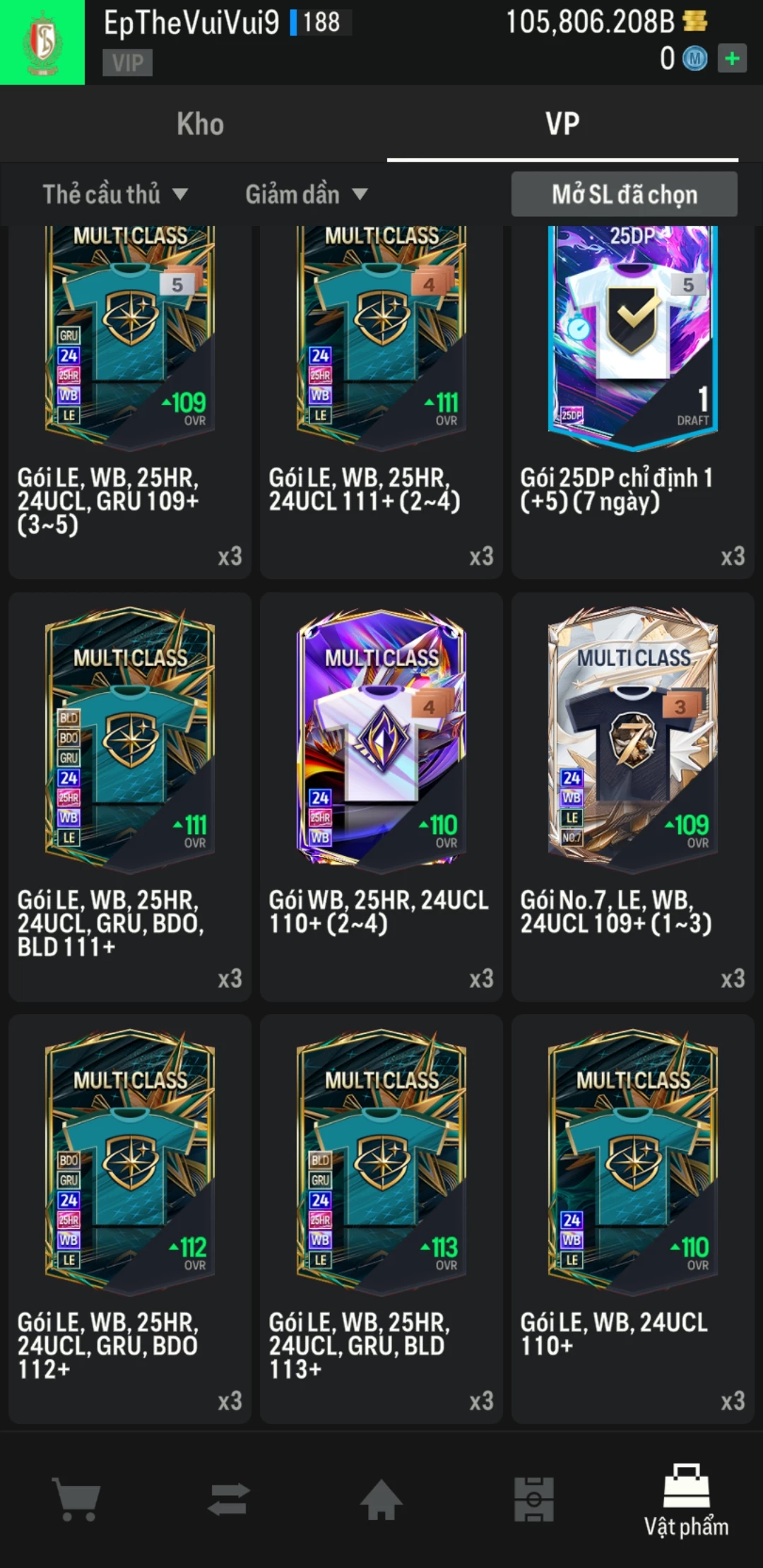 Ảnh ACC mở thẻ (LOẠI SVIP PROMAX) bao gồm có 01 thẻ +12, 03 thẻ PRIME (QH+, CP+, XS+) và hơn 1500+ đến 1600+ thẻ cầu thủ từ Siêu sao đến Miền núi các loại. Acc có sẵn BP trắng từ 90.000 tỷ BP đến 110.000 tỷ BP kèm theo nhiều ngày SVIP